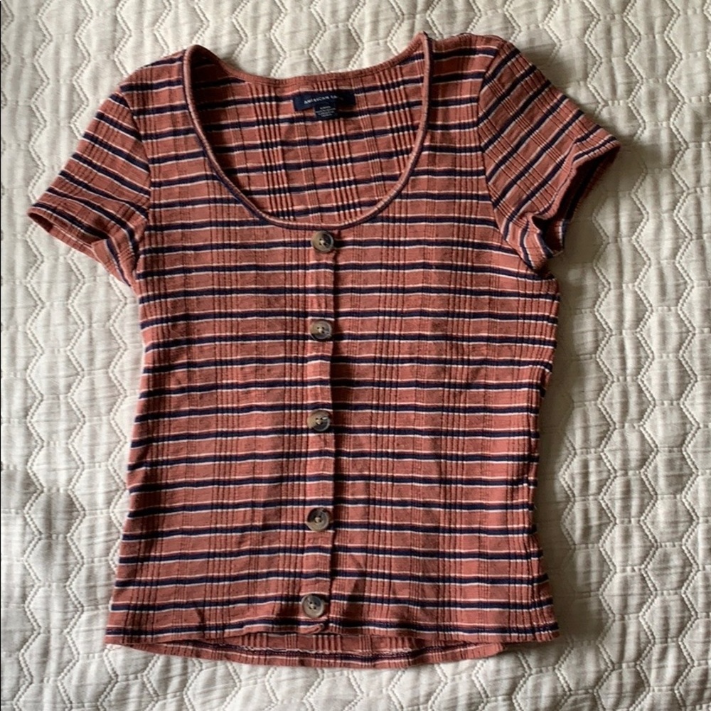 Striped Faux Button Up T-Shirt